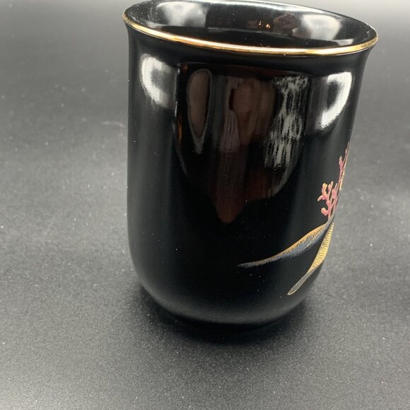 Otagiri Lacquerware Black Set of 4 Mugs Sea Shells Gold Trim - Picture 3 of 6